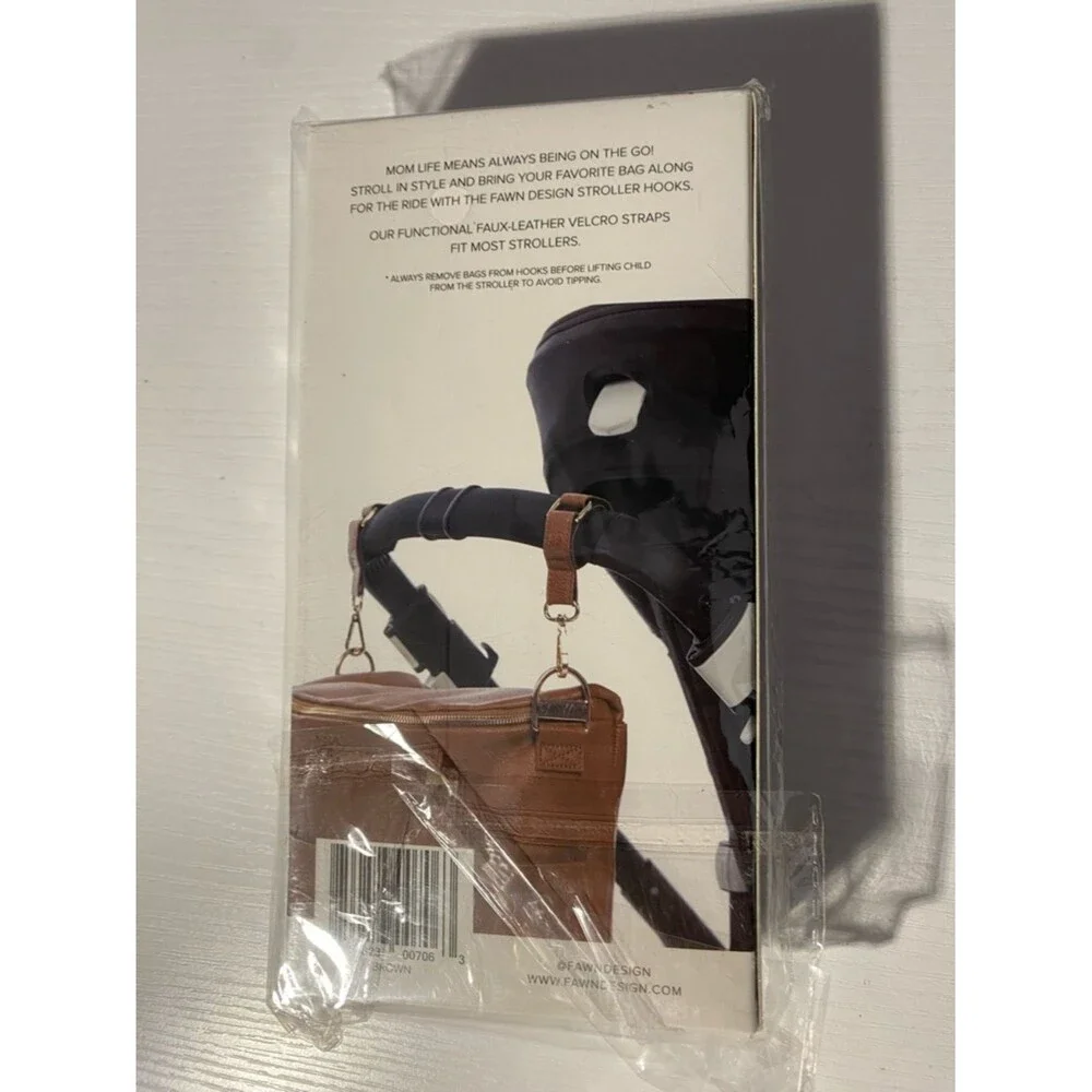 Brand New Fawn Design Stroller Hooks - Brown - Faux Leather & Gold Hardware